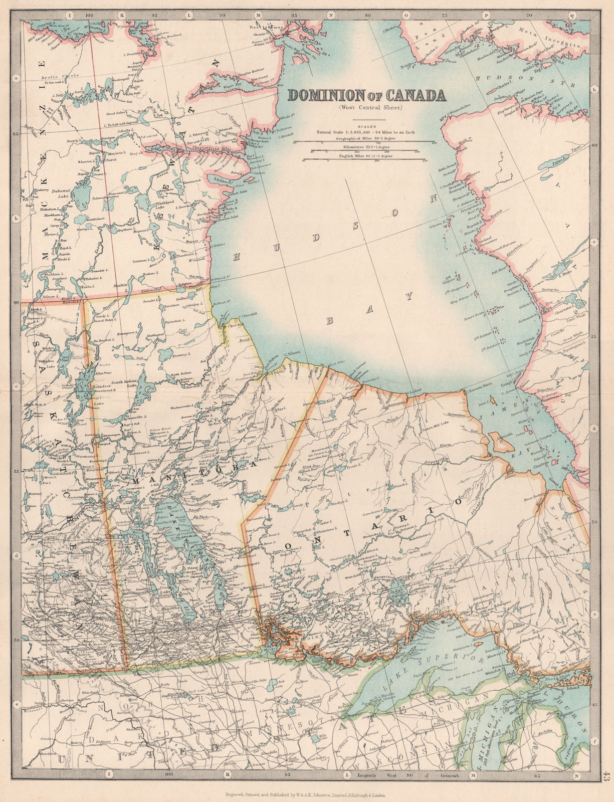 HUDSON BAY & CENTRAL CANADA. Manitoba. Northern Ontario. JOHNSTON 1912 old map