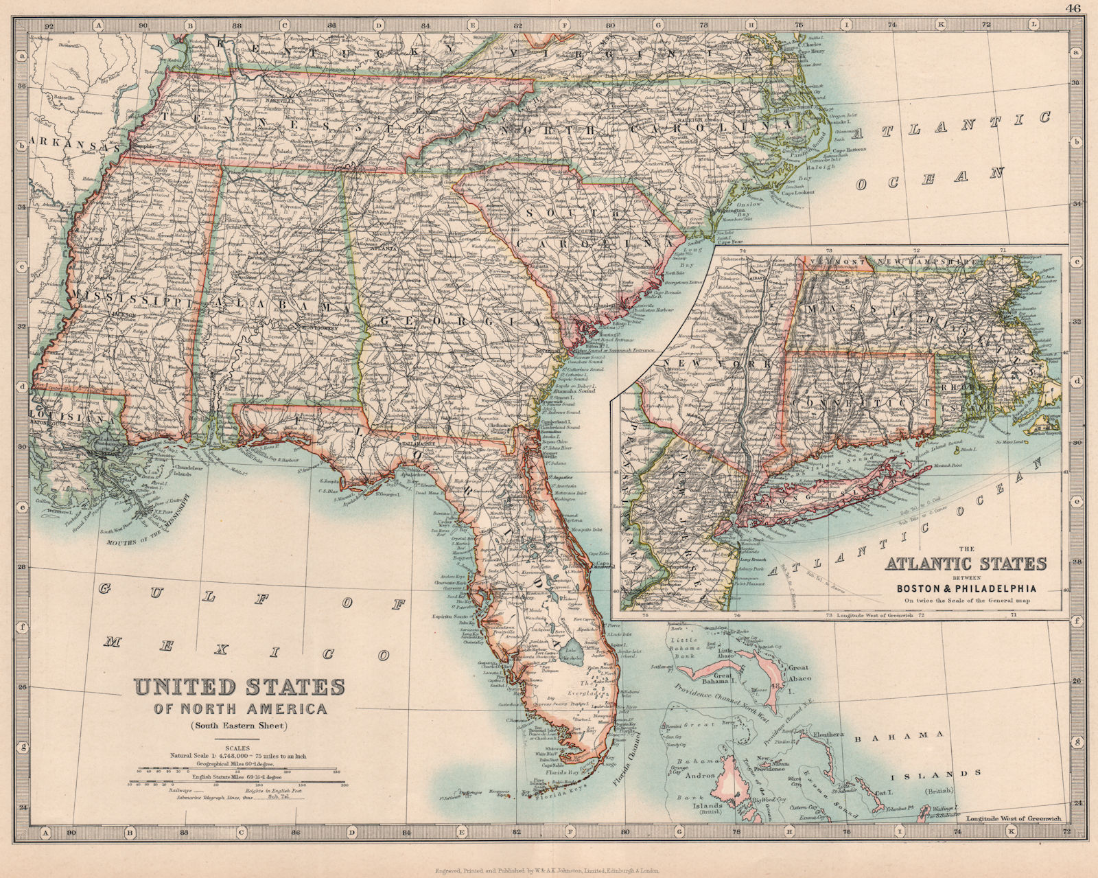 USA DEEP SOUTH. Florida Georgia Carolinas Alabama Tennessee. JOHNSTON 1912 map