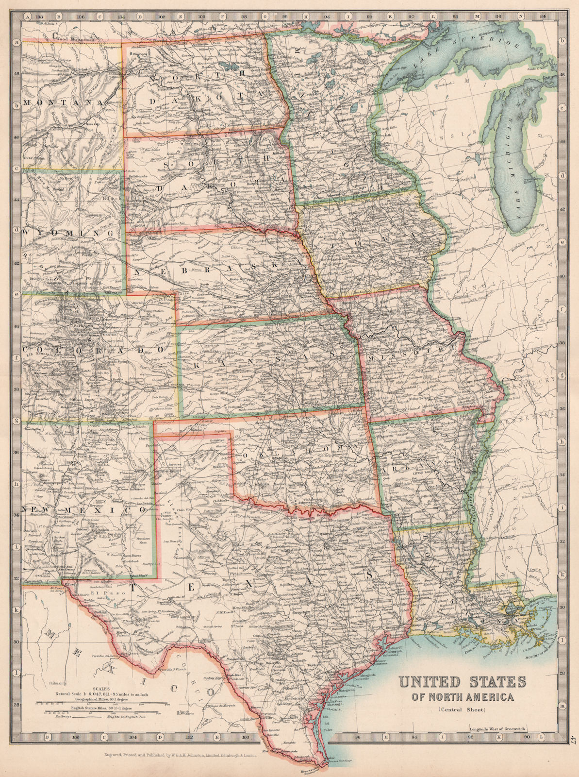 MISSISSIPPI VALLEY. Central United States Texas USA Railways. JOHNSTON 1912 map