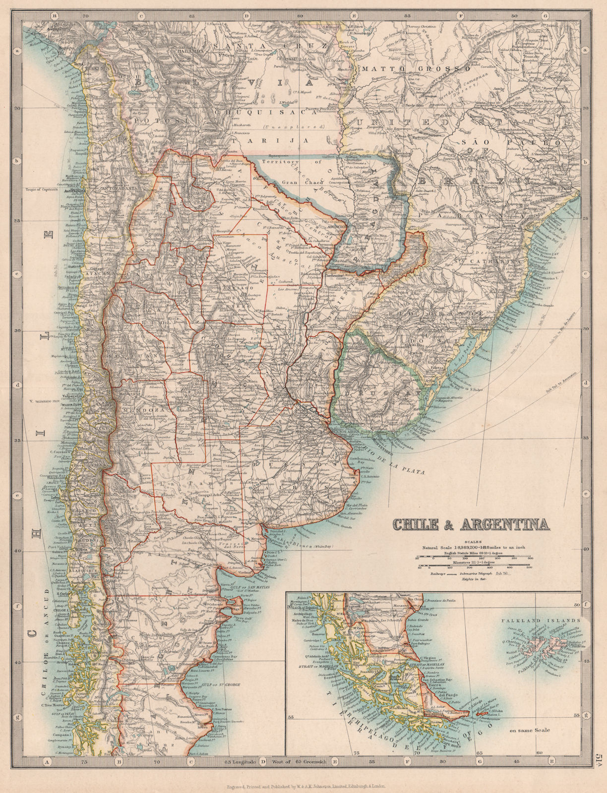 Associate Product CHILE & ARGENTINA. Paraguay including Gran Chaco. Uruguay. JOHNSTON 1912 map