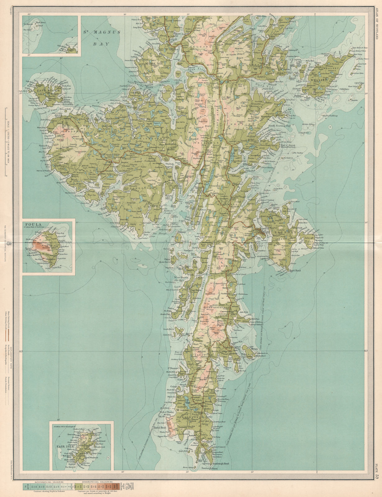 SHETLAND ISLANDS SOUTH. Mainland Lerwick Foula Fair Isle Bressay. LARGE 1912 map