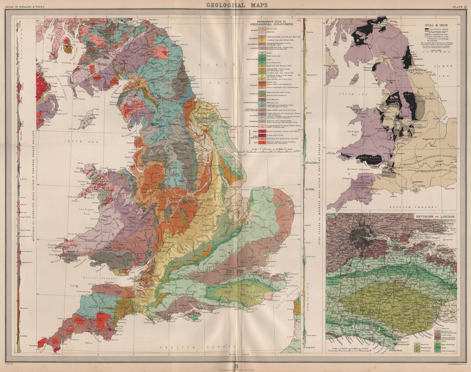 ENGLAND AND WALES. Geology. Coal & iron deposits. Geological. LARGE 1903 map