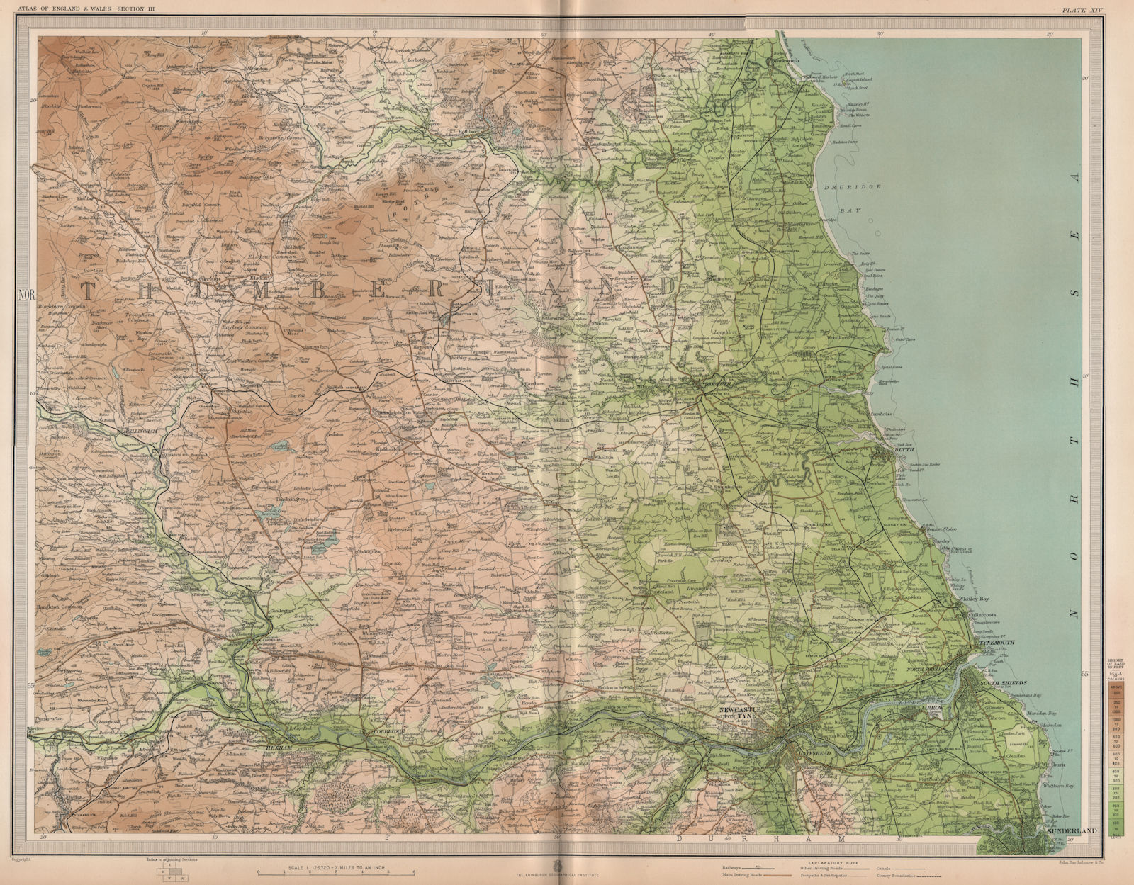 NORTHUMBERLAND. Newcastle-upon-Tyne Morpeth Sunderland Hexham. LARGE 1903 map