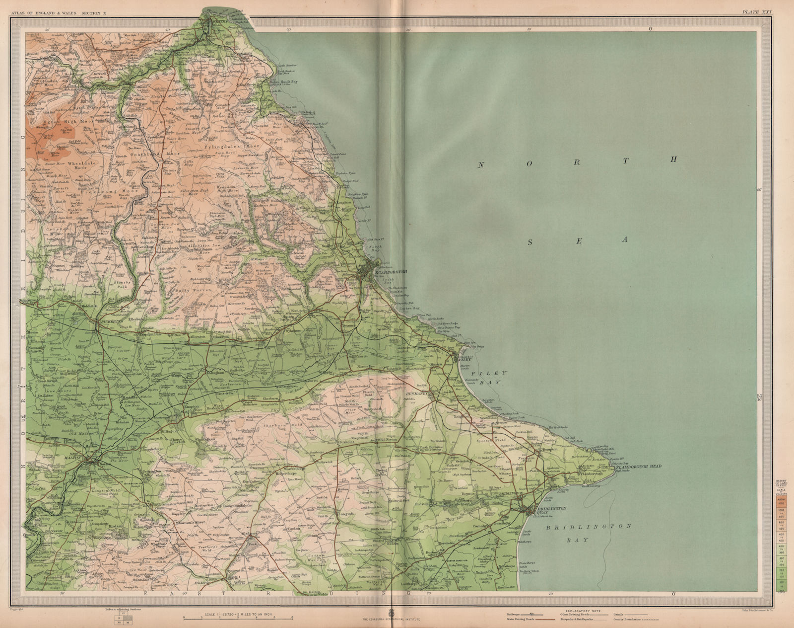 Associate Product YORKSHIRE COAST. Scarborough Whitby Filey Bridlington Pickering. LARGE 1903 map