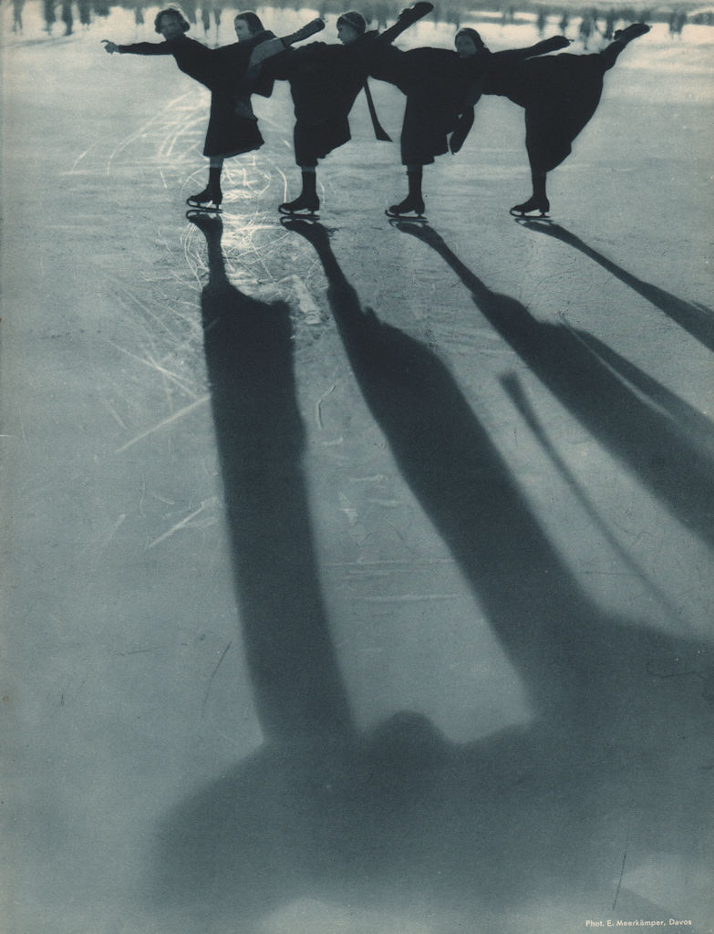 ICE FIGURE SKATING. Four female figure skaters and their shadows, Davos 1935