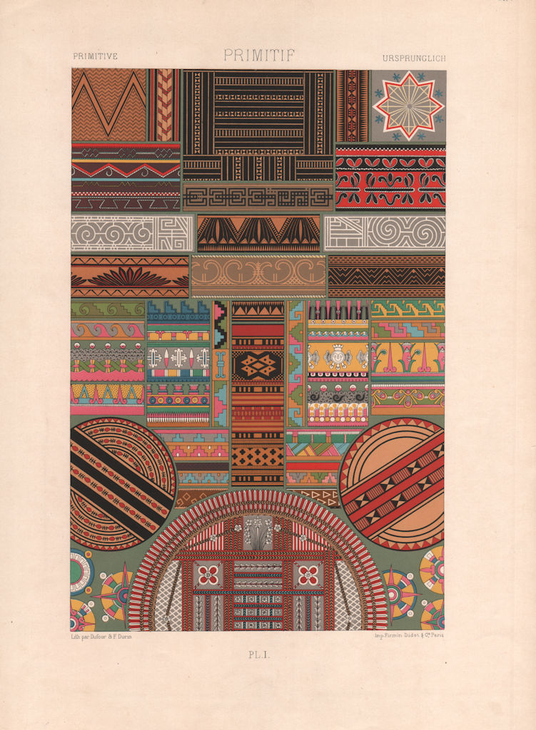 RACINET ORNEMENT POLYCHROME 1 Primitive decorative arts patterns motifs c1885