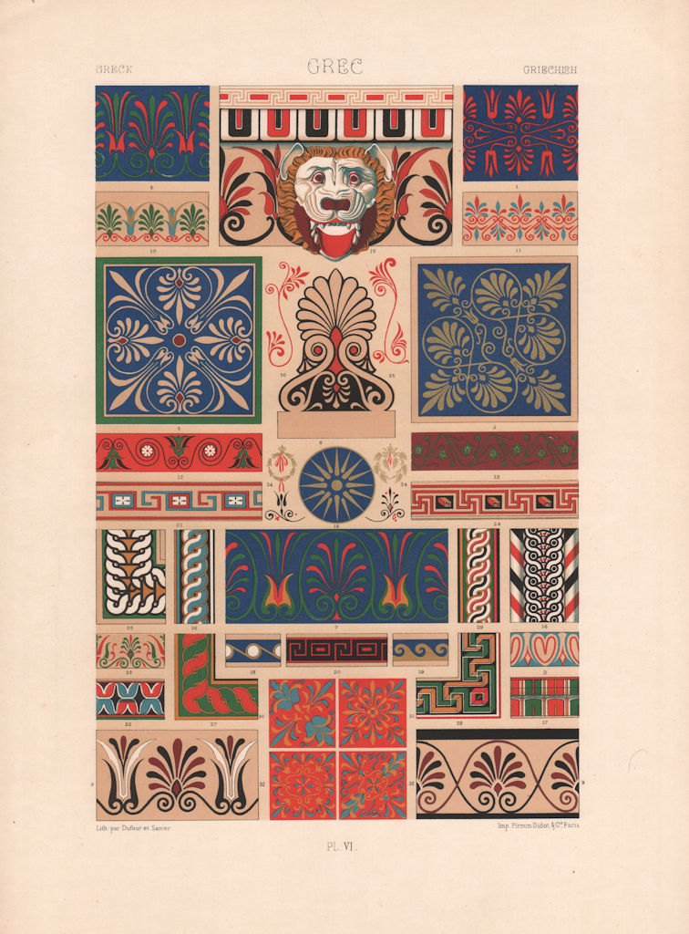 RACINET ORNEMENT POLYCHROME 6 Ancient Greek decorative arts patterns motif c1885