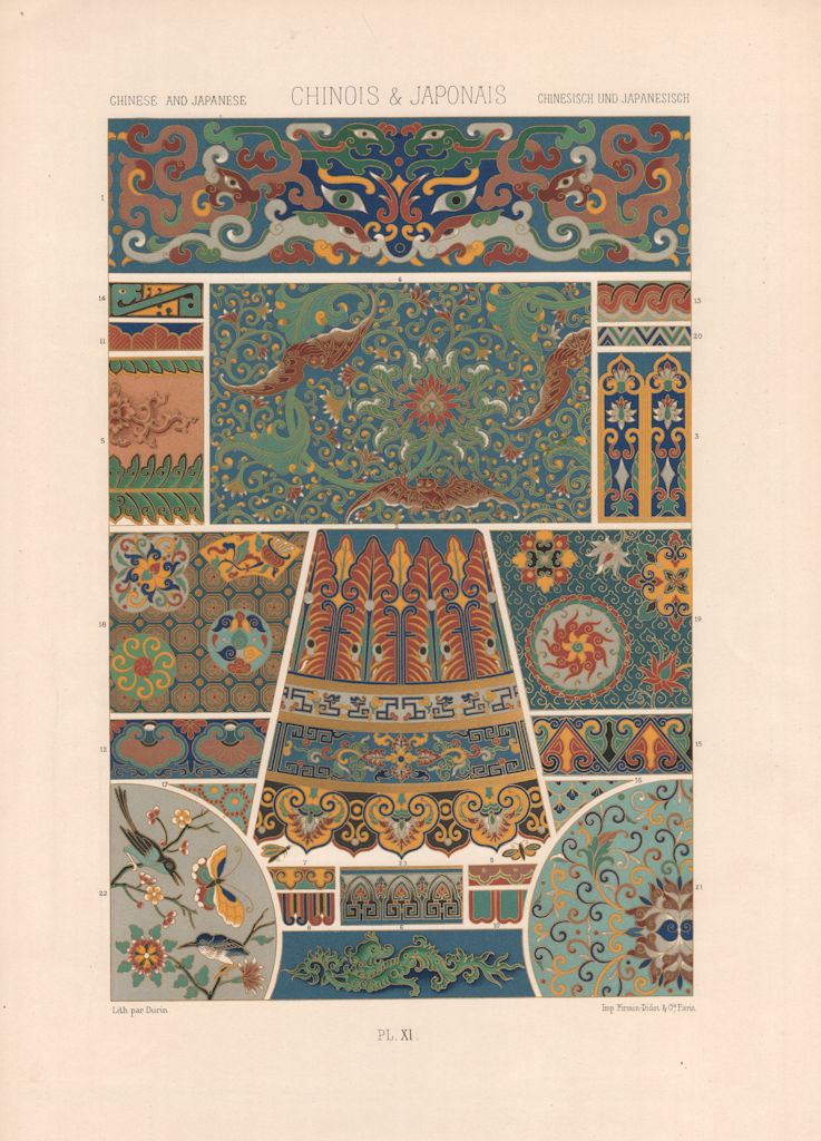 RACINET ORNEMENT POLYCHROME 11 Chinese & Japanese arts patterns motifs c1885