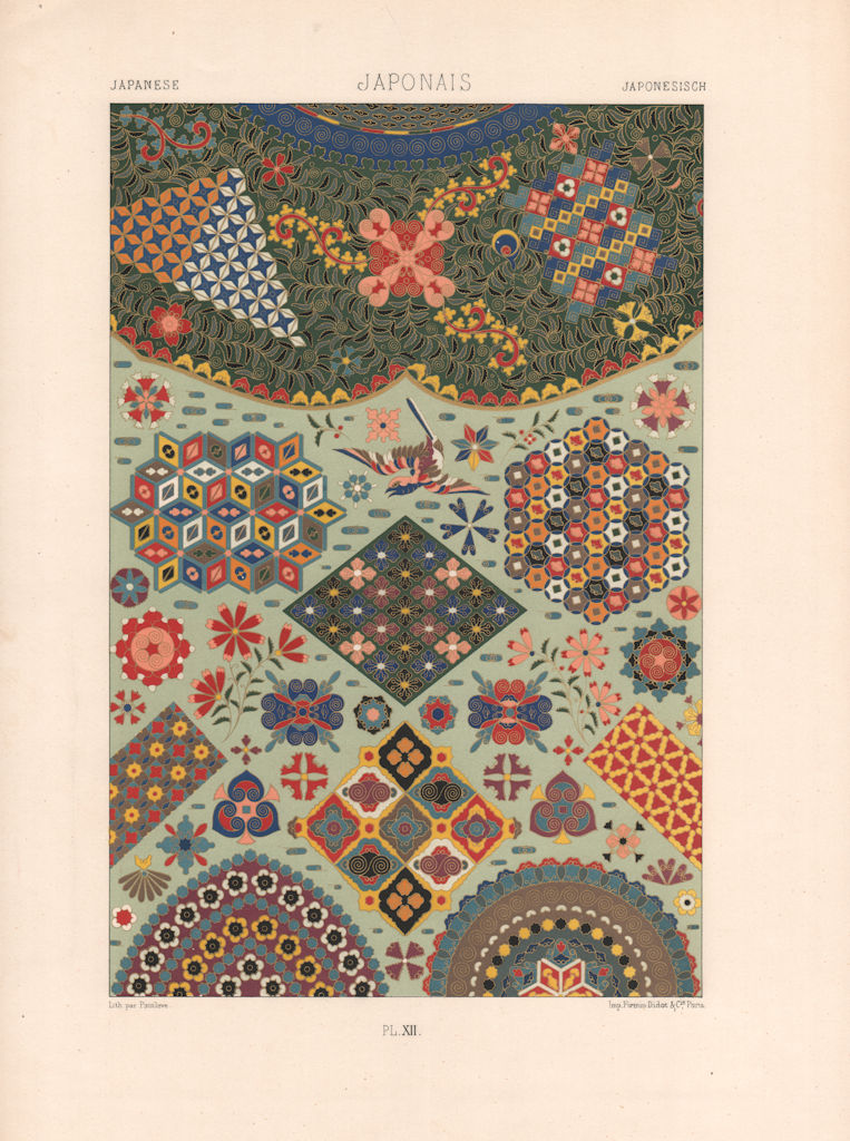 RACINET ORNEMENT POLYCHROME 12 Japanese decorative arts patterns motifs c1885