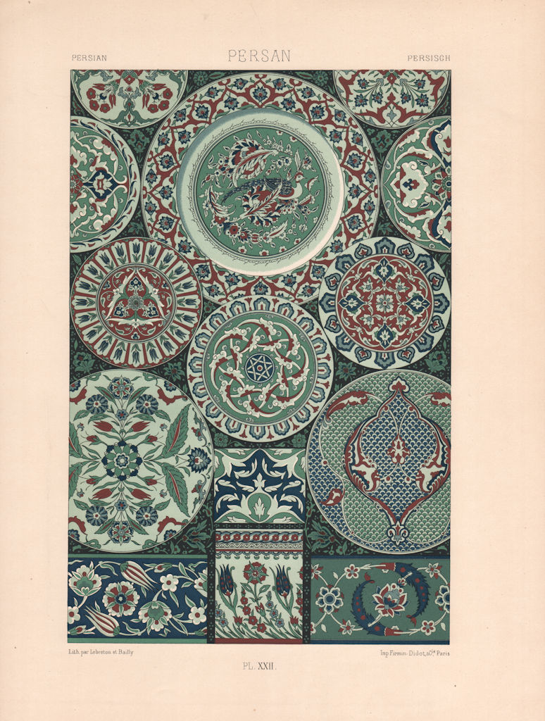 RACINET ORNEMENT POLYCHROME 22 Persian decorative arts patterns motifs c1885