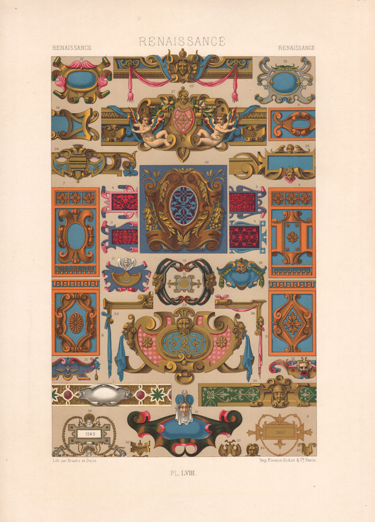 RACINET ORNEMENT POLYCHROME 58 Renaissance decorative arts patterns motifs c1885