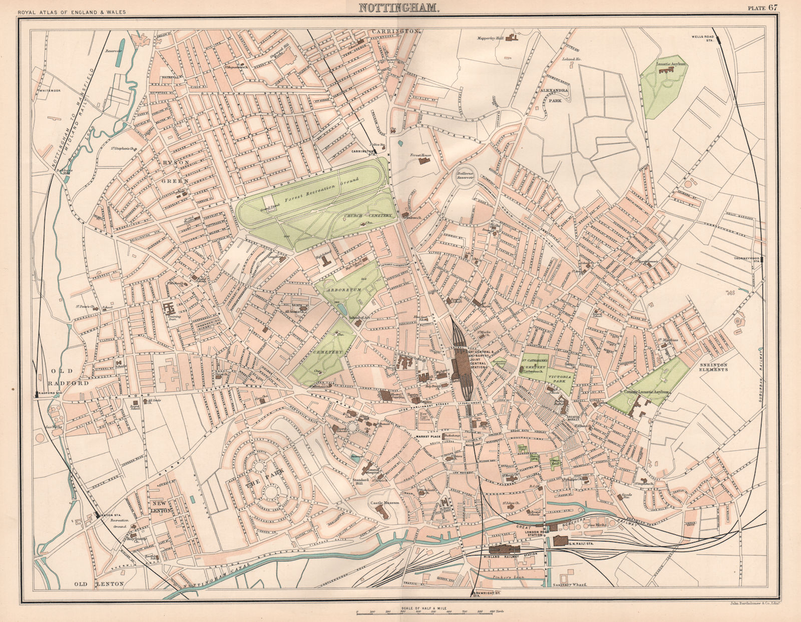 NOTTINGHAM antique town city plan. BARTHOLOMEW 1898 old map chart