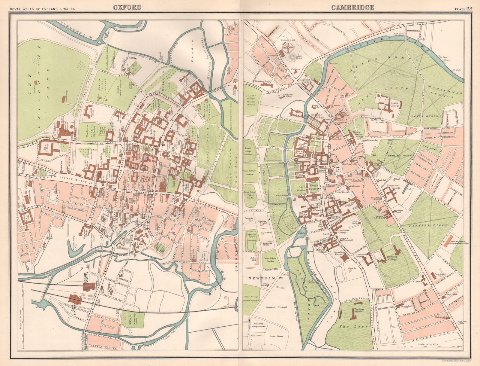 OXFORD & CAMBRIDGE antique town city plans. BARTHOLOMEW 1898 old map
