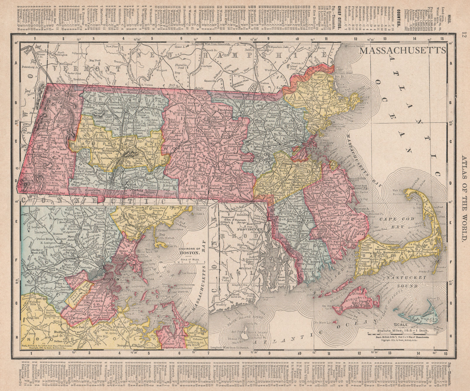 Massachusetts state map showing counties. Boston environs. RAND MCNALLY 1912