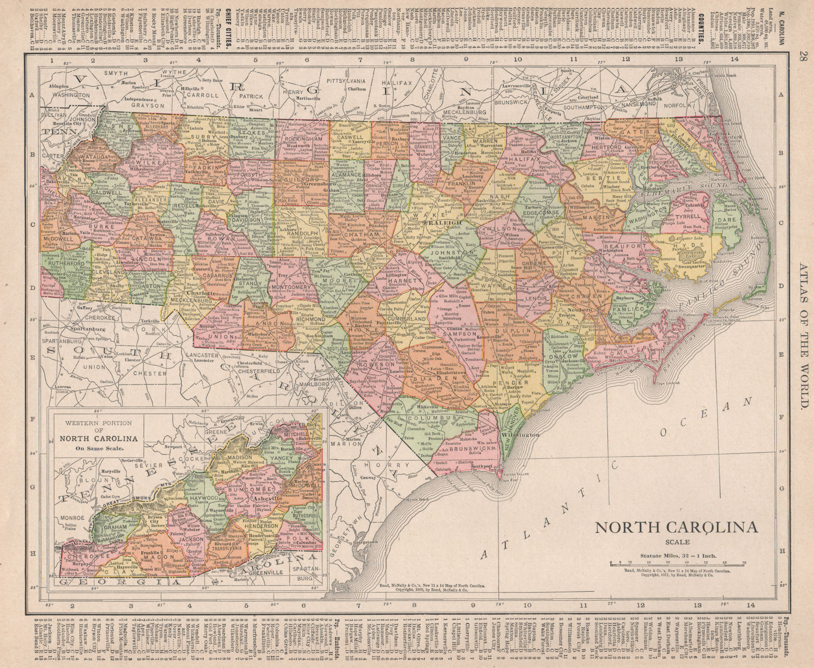 North Carolina state map showing counties. RAND MCNALLY 1912 old antique