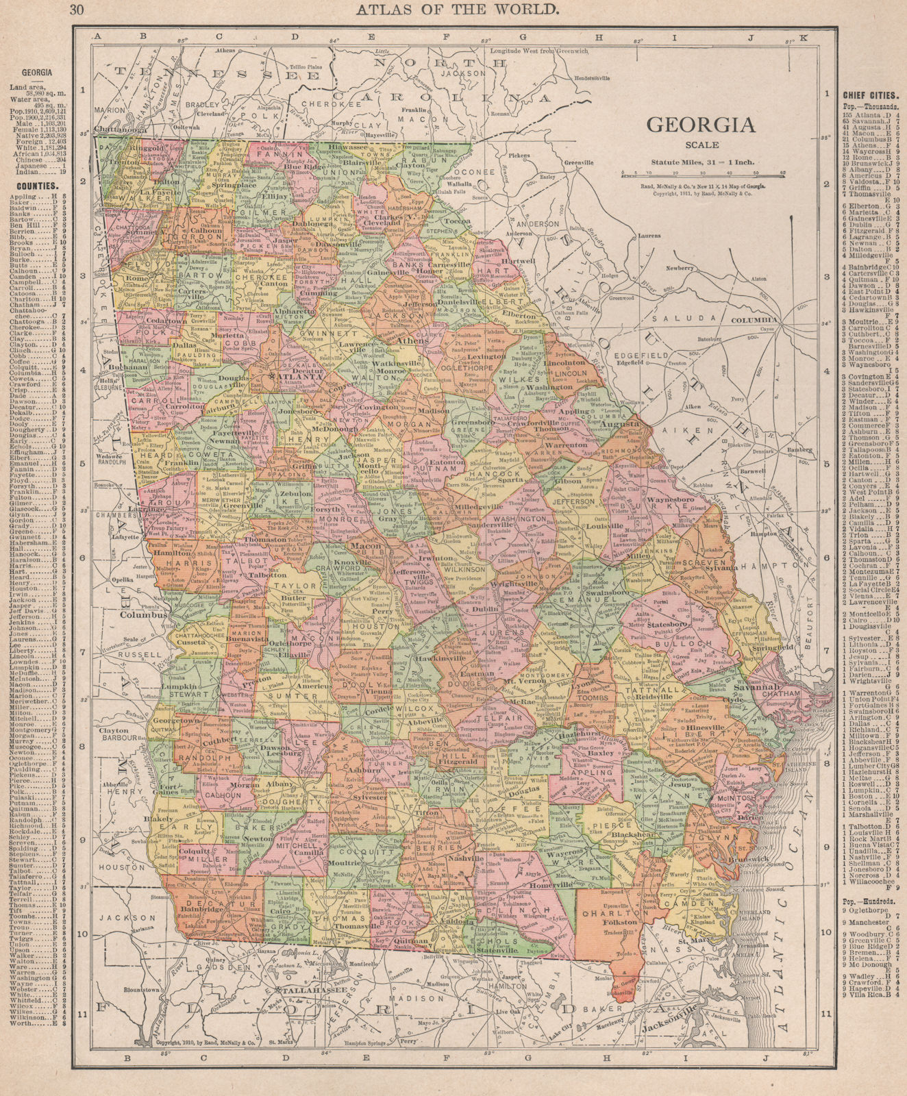 Georgia state map showing counties. RAND MCNALLY 1912 old antique chart