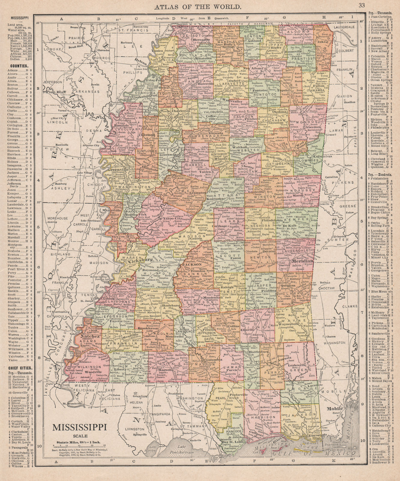 Mississippi state map showing counties. RAND MCNALLY 1912 old antique