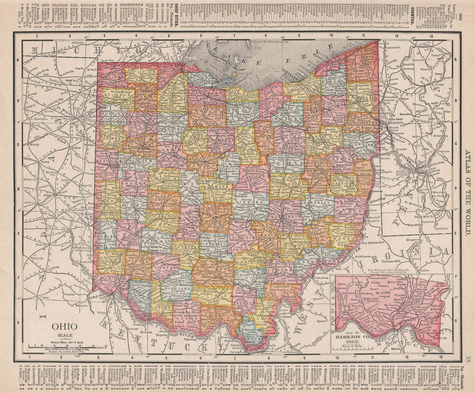 Ohio state map showing counties. RAND MCNALLY 1912 old antique plan chart