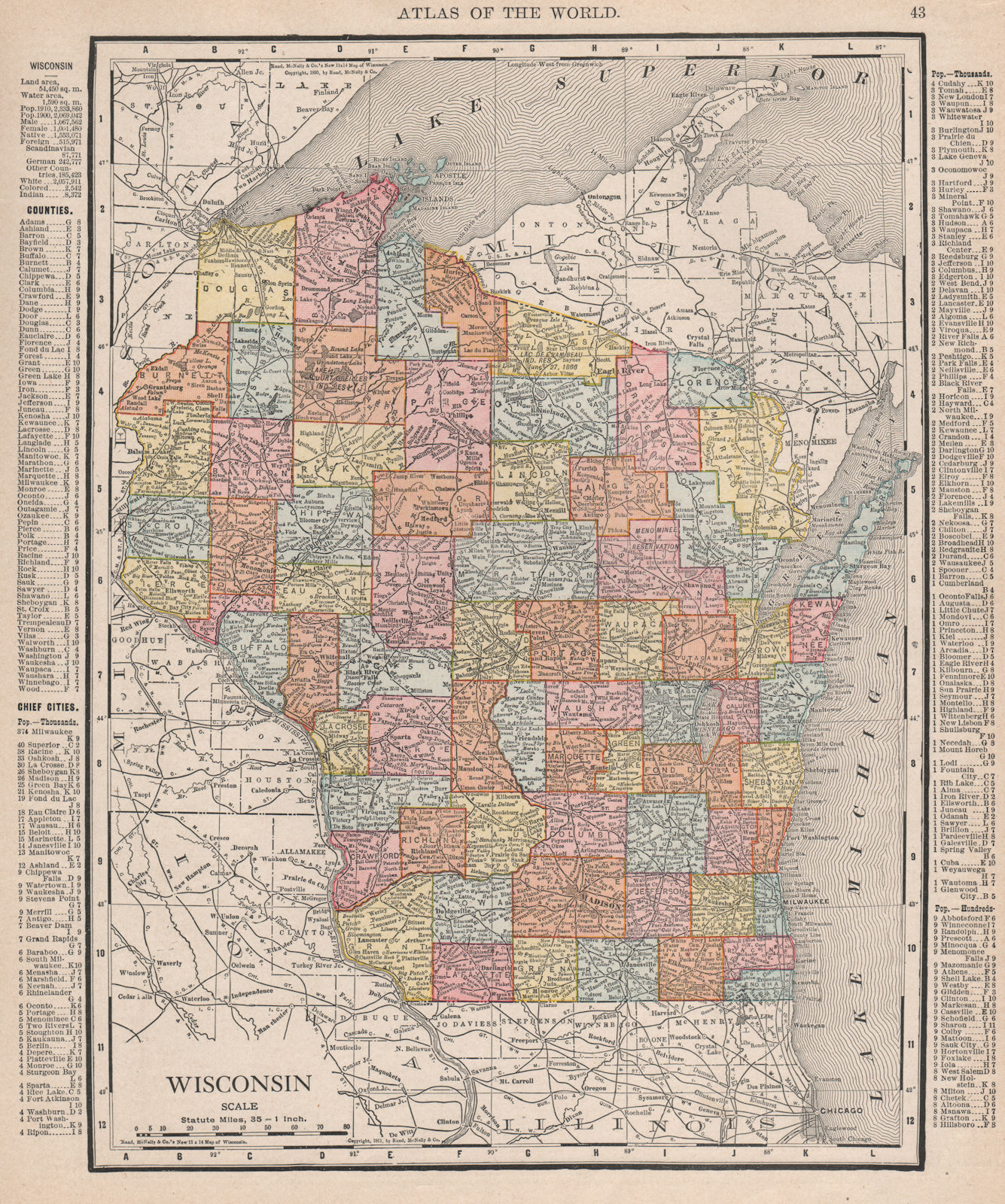 Wisconsin state map showing counties. RAND MCNALLY 1912 old antique chart