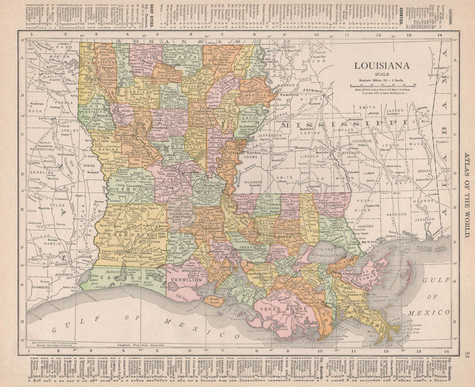 Louisiana state map showing parishes. RAND MCNALLY 1912 old antique chart