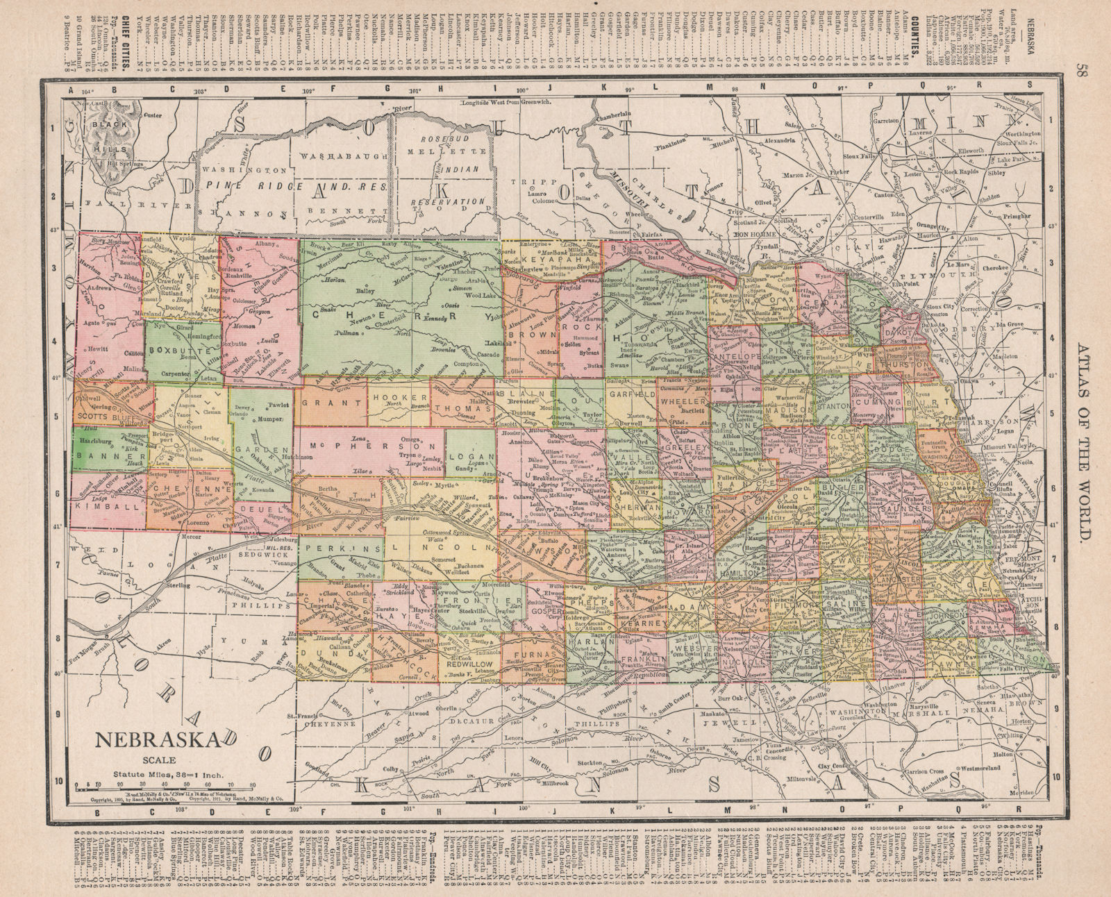 Nebraska state map showing counties. RAND MCNALLY 1912 old antique chart