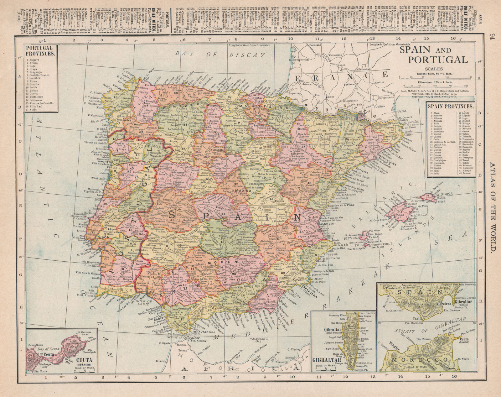 Spain & Portugal. Ceuta. Strait of Gibraltar. Iberia. RAND MCNALLY 1912 map