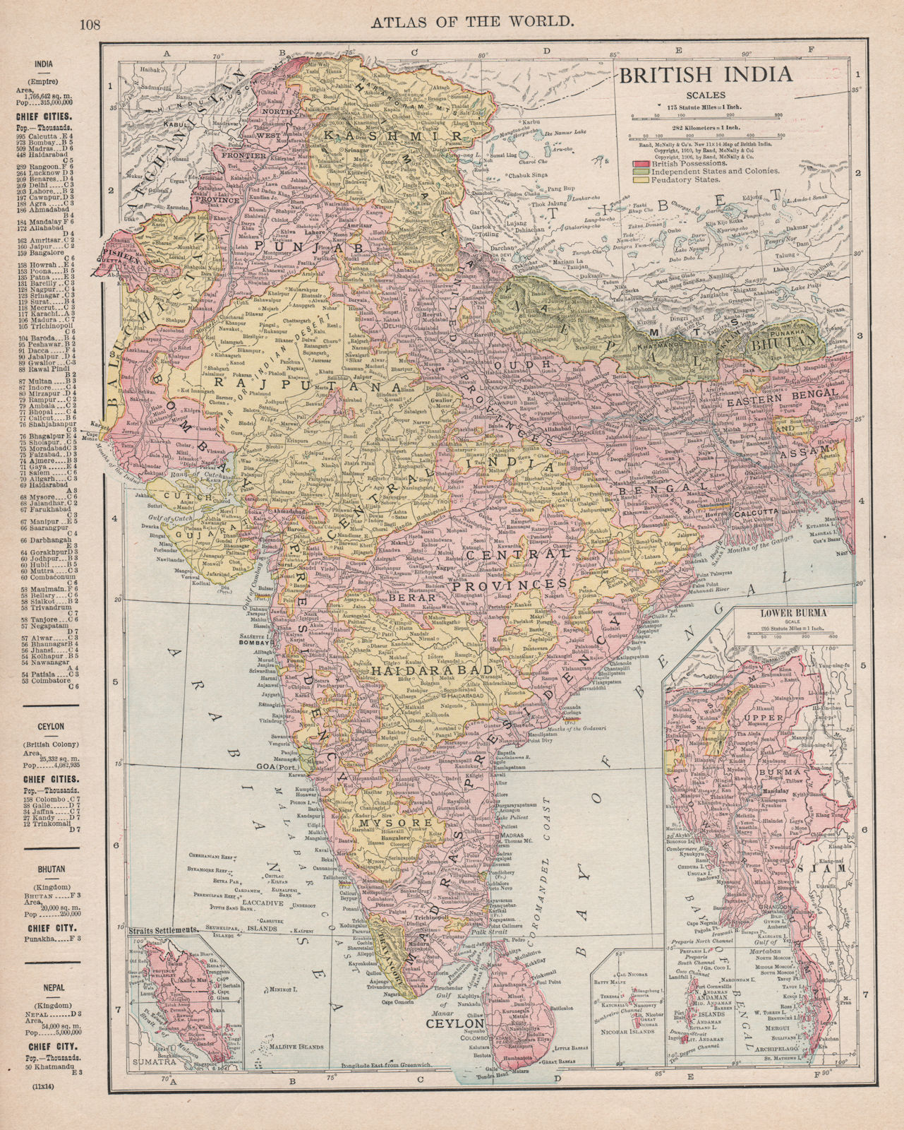 British India. Burma. Nicobar Is. Straits Settlements. RAND MCNALLY 1912 map