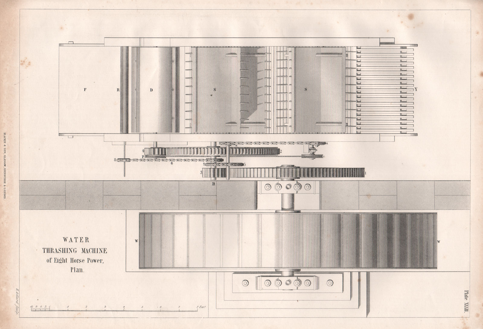 VICTORIAN ENGINEERING DRAWING. 8hp Water thrashing machine, plan 1847 print
