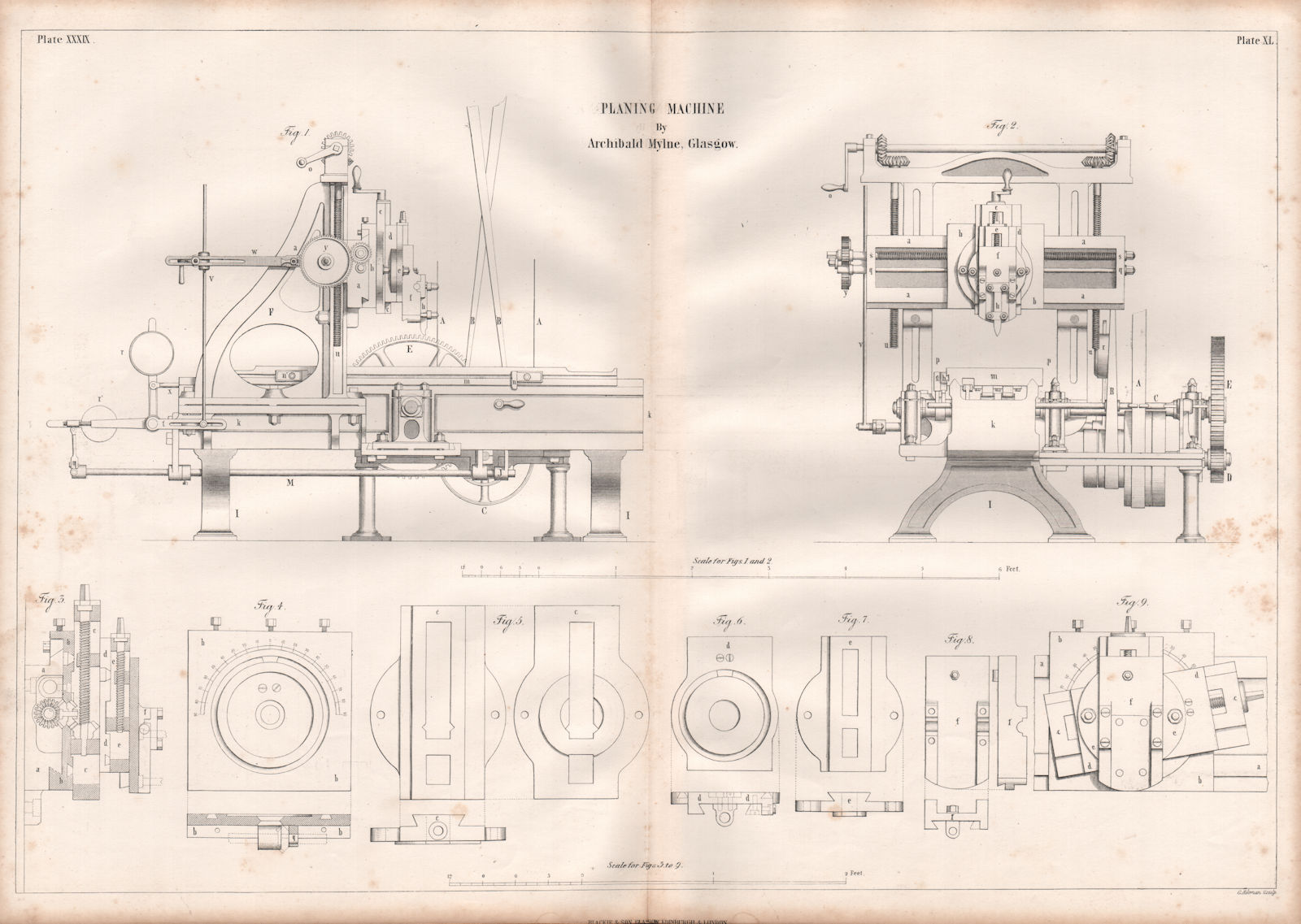 VICTORIAN ENGINEERING DRAWING. Planing machine by Archibald Mylne, Glasgow 1847