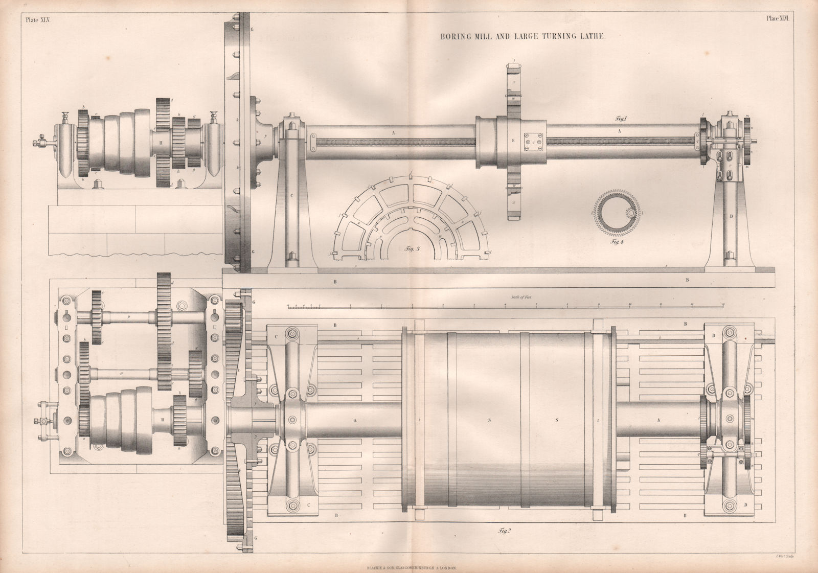 VICTORIAN ENGINEERING DRAWING. Boring mill and large turning lathe 1847 print