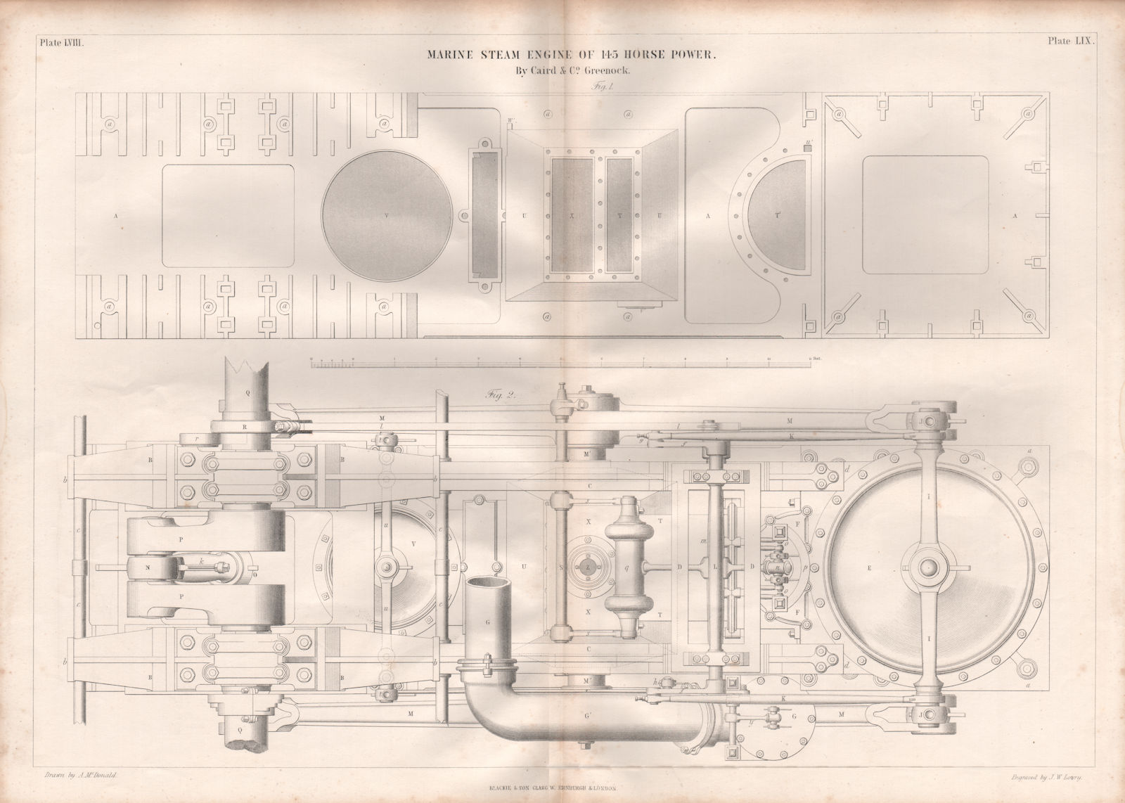 19C ENGINEERING DRAWING. 145 HP marine steam engine. Caird & Co. Greenock 2 1847