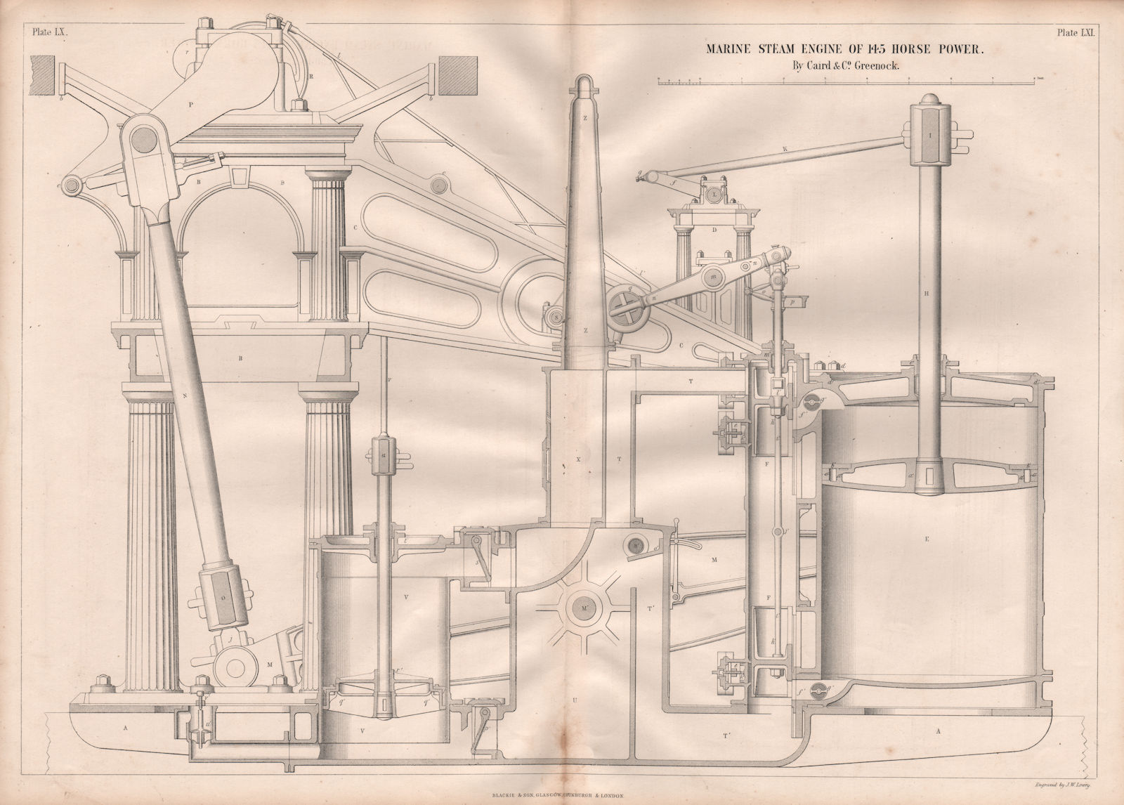 19C ENGINEERING DRAWING. 145 HP marine steam engine. Caird & Co. Greenock 3 1847
