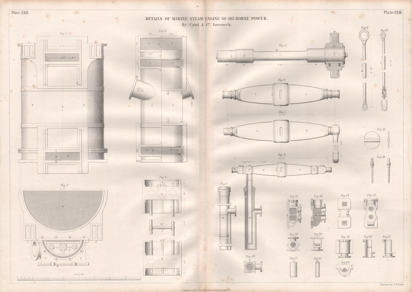 Associate Product 19C ENGINEERING DRAWING. 145hp marine steam engine details. Caird & Co. 1847