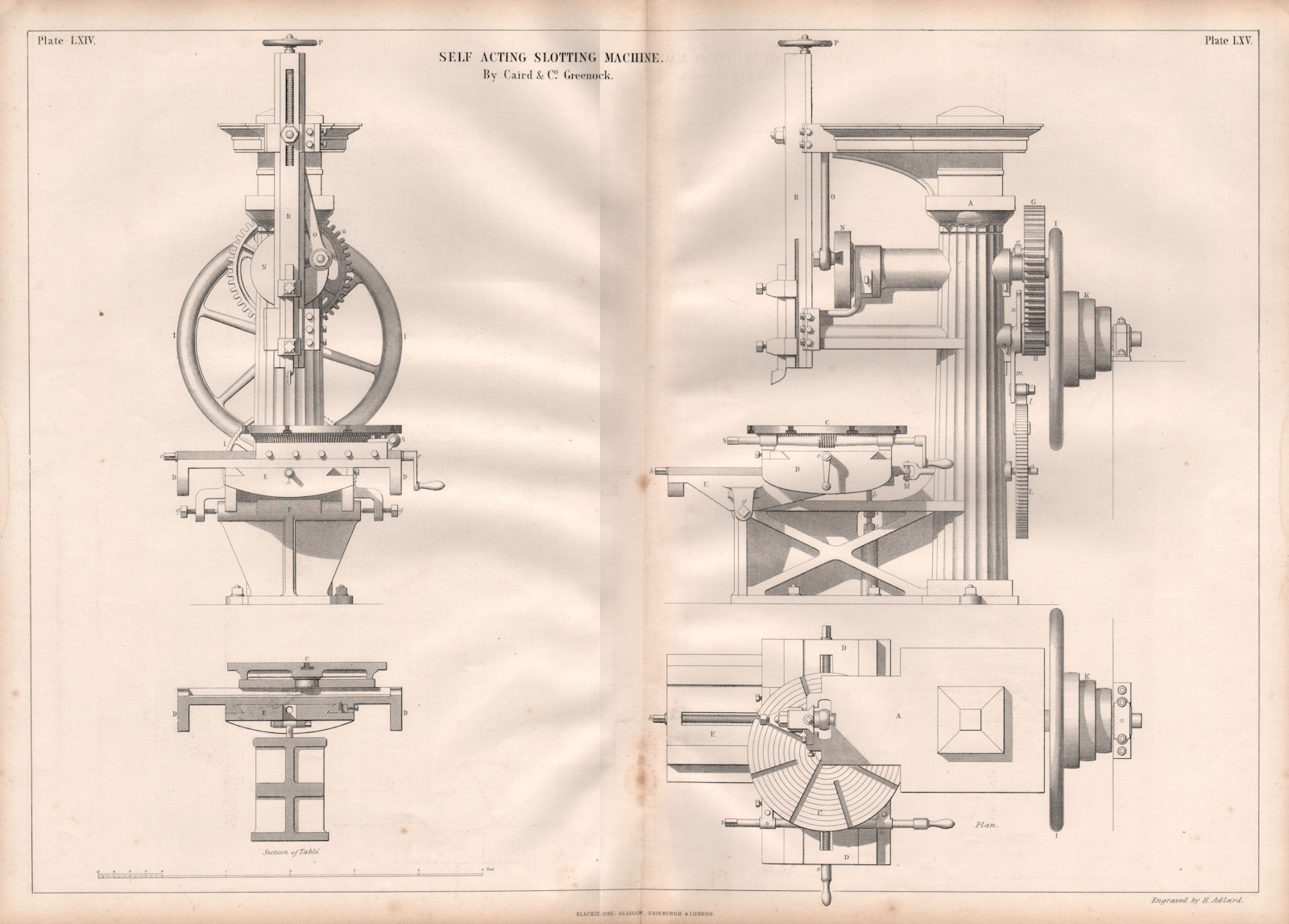 VICTORIAN ENGINEERING DRAWING. Self acting slotting machine. Caird & Co. 1847