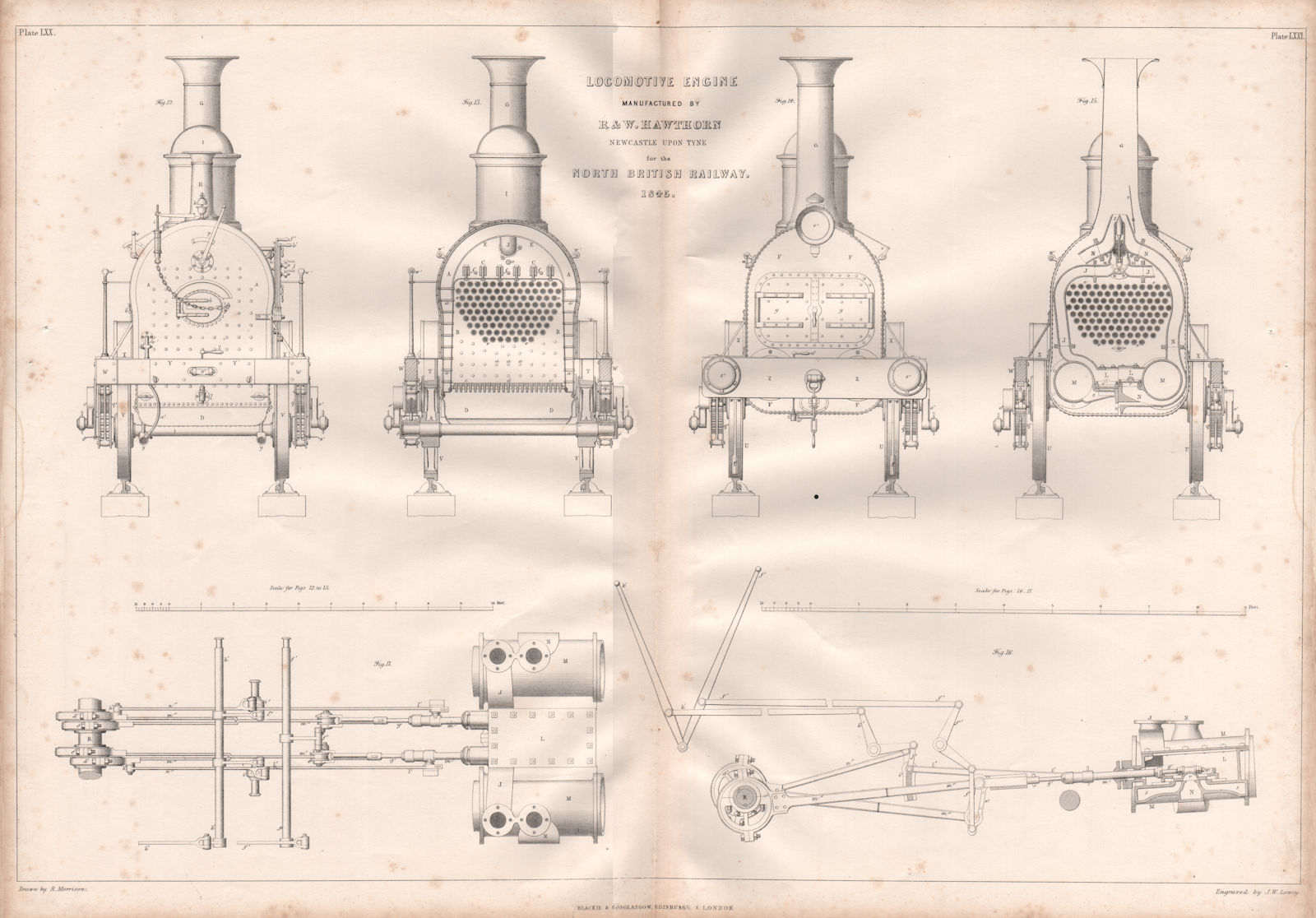 19C ENGINEERING DRAWING. Locomotive engine. North British Railway 1847 print