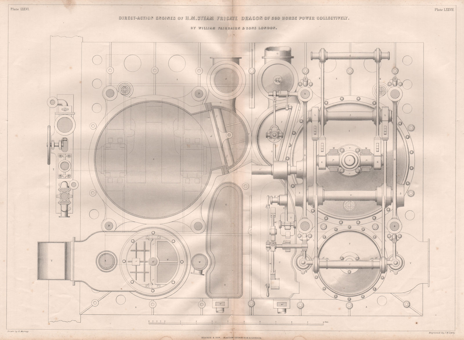 19C ENGINEERING DRAWING. Direct-action engines of HM Steam Frigate Dragon 1847