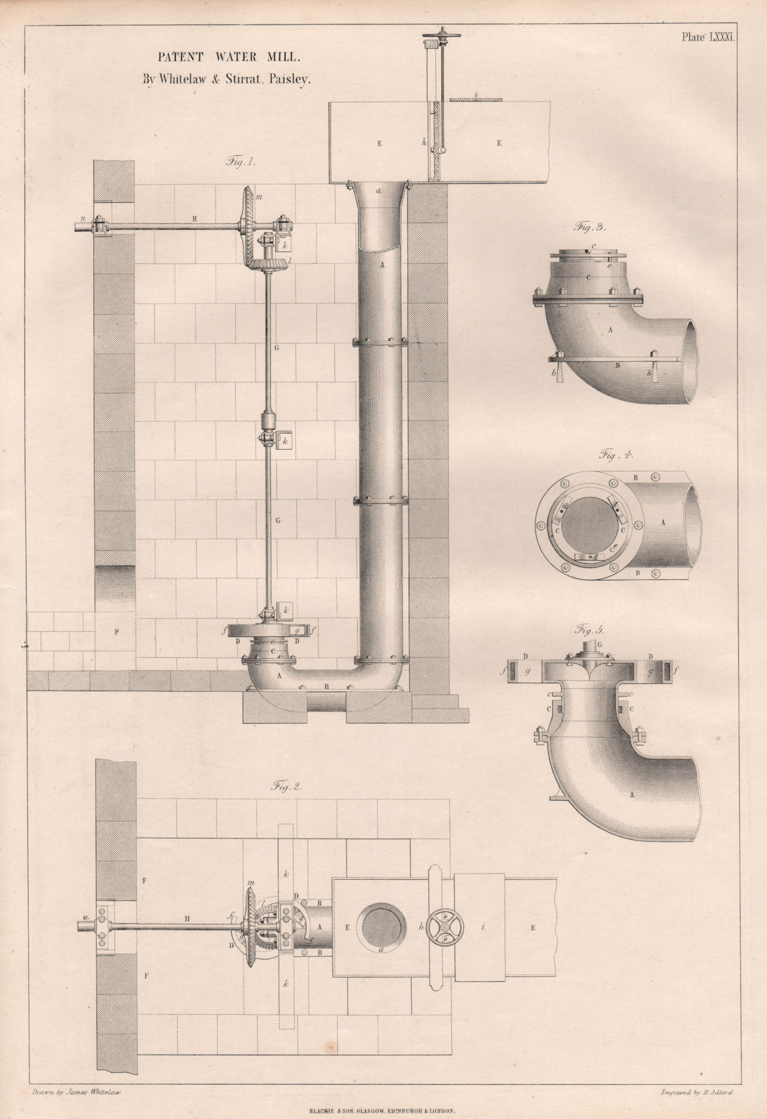 VICTORIAN ENGINEERING DRAWING Patent water mill. Whitelaw & Stirrat Paisley 1847