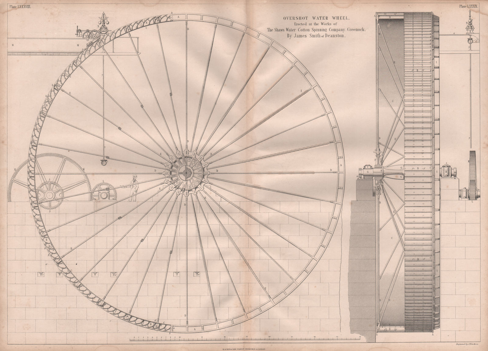 19C ENGINEERING DRAWING Overshot water wheel Shaws Water Cotton Spinning Co 1847