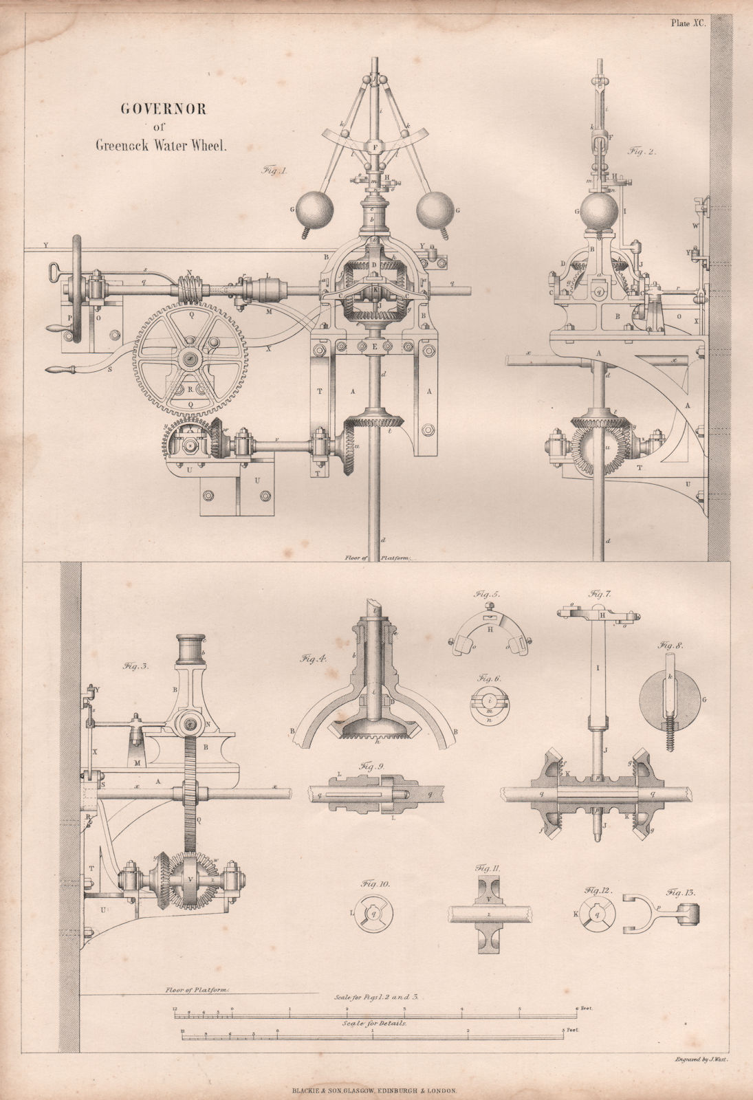 VICTORIAN ENGINEERING DRAWING. Governor of Greenock water wheel 1847 old print