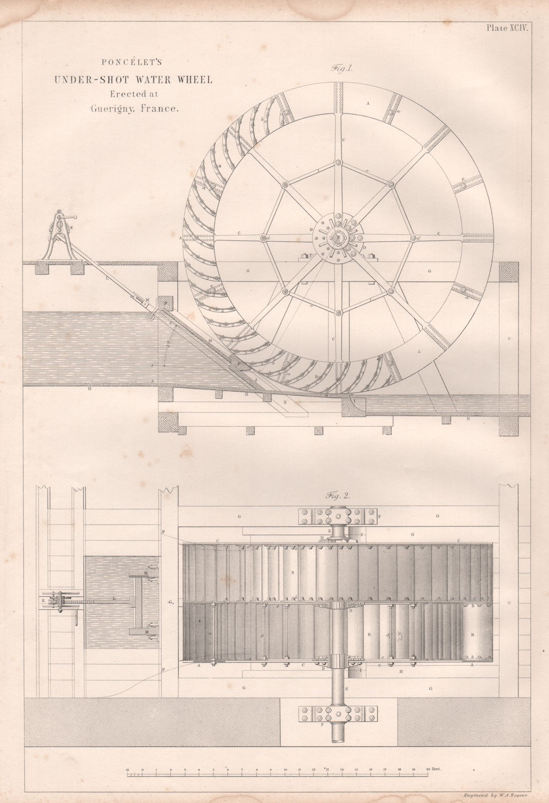 19C ENGINEERING DRAWING. Poncelet's under-shot water wheel. Guerigny France 1847