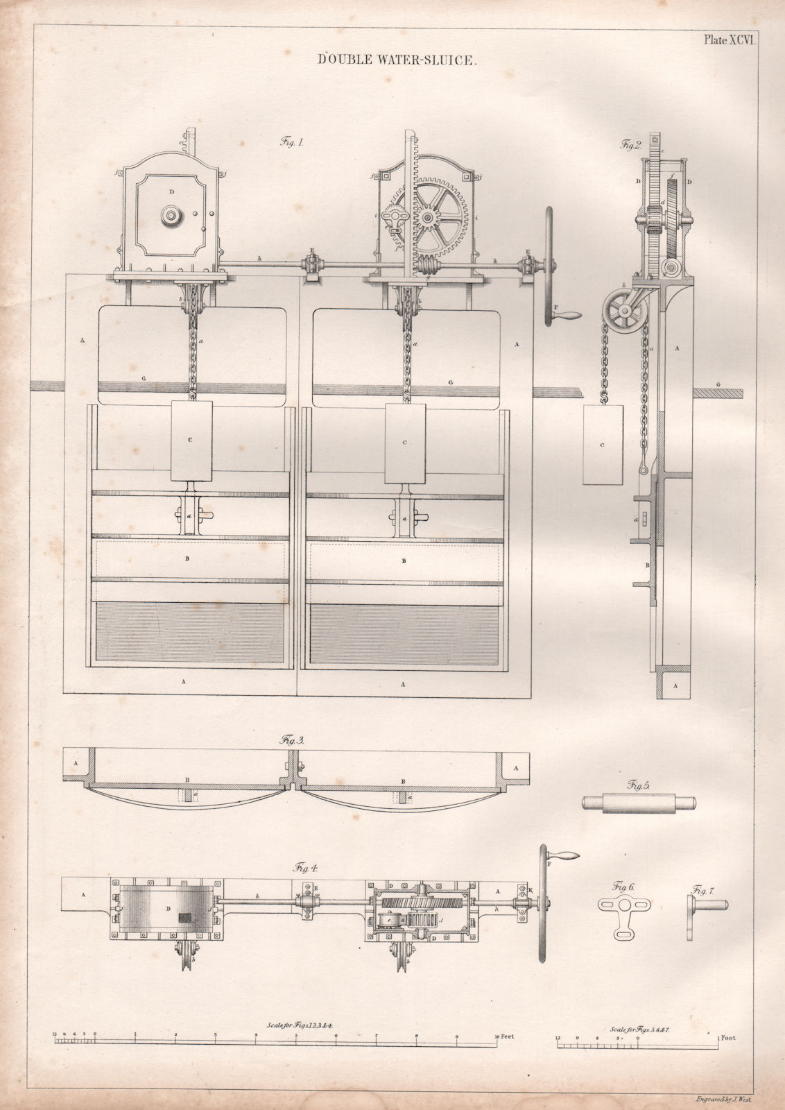 VICTORIAN ENGINEERING DRAWING. Double water-sluice 1847 old antique print