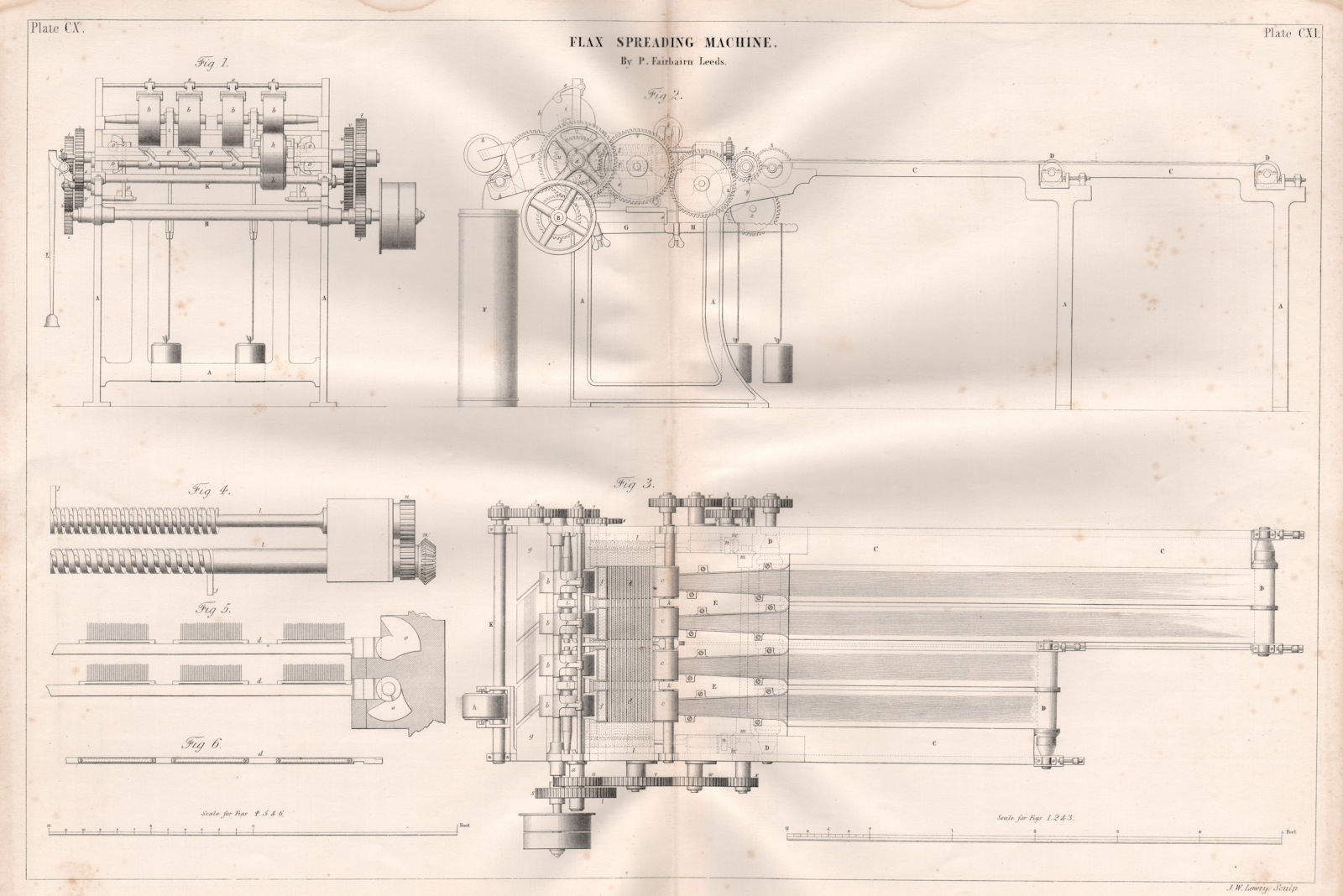 VICTORIAN ENGINEERING DRAWING. Flax spreading machine. P. Fairbairn, Leeds 1847