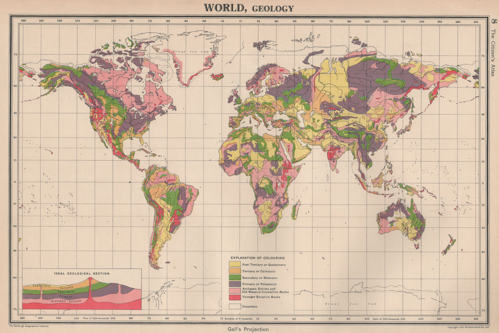Associate Product WORLD GEOLOGICAL. Geology. Primary Secondary Tertiary. BARTHOLOMEW 1944 map