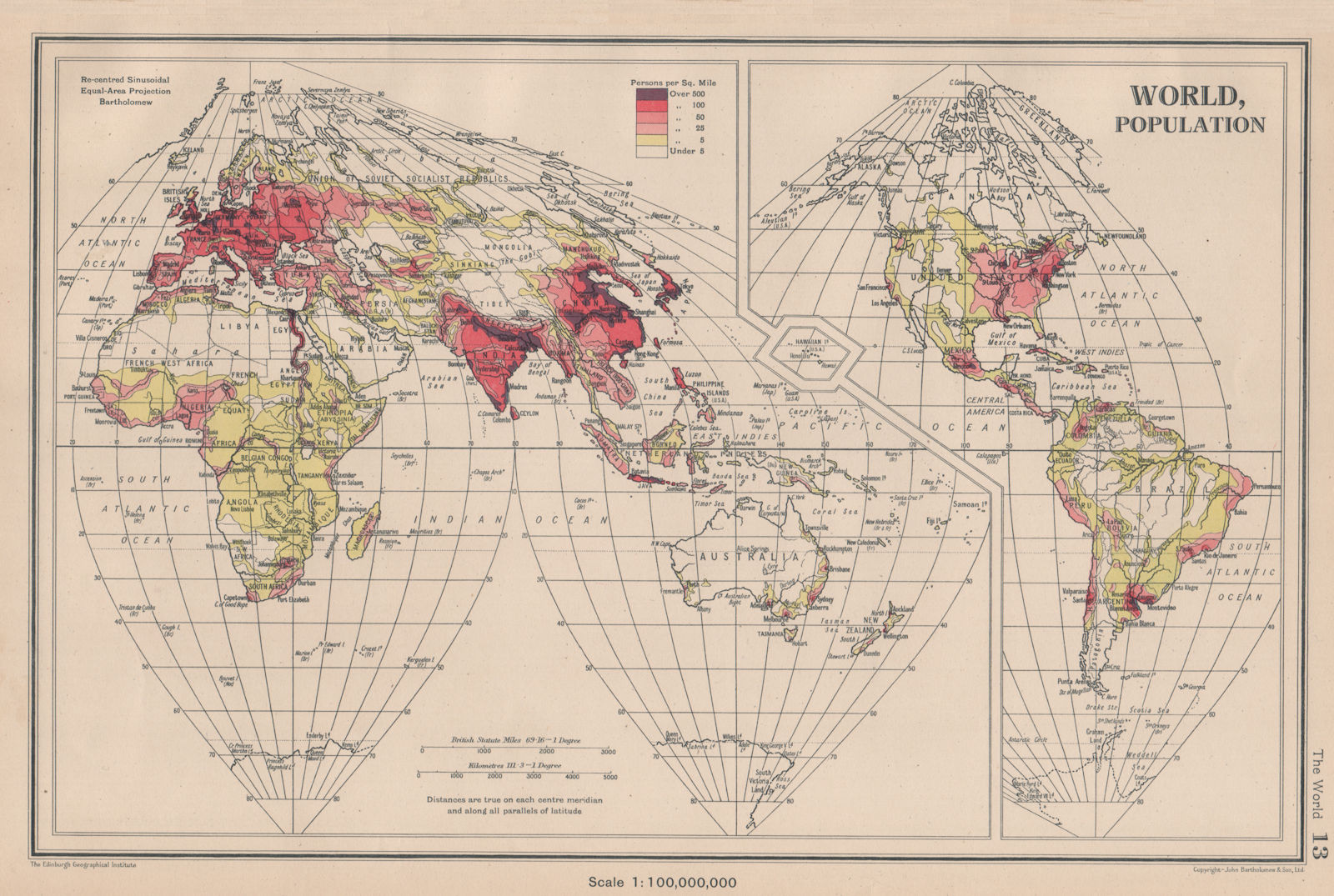 Associate Product WORLD POPULATION. Sinusoidal equal area projection. BARTHOLOMEW 1944 old map