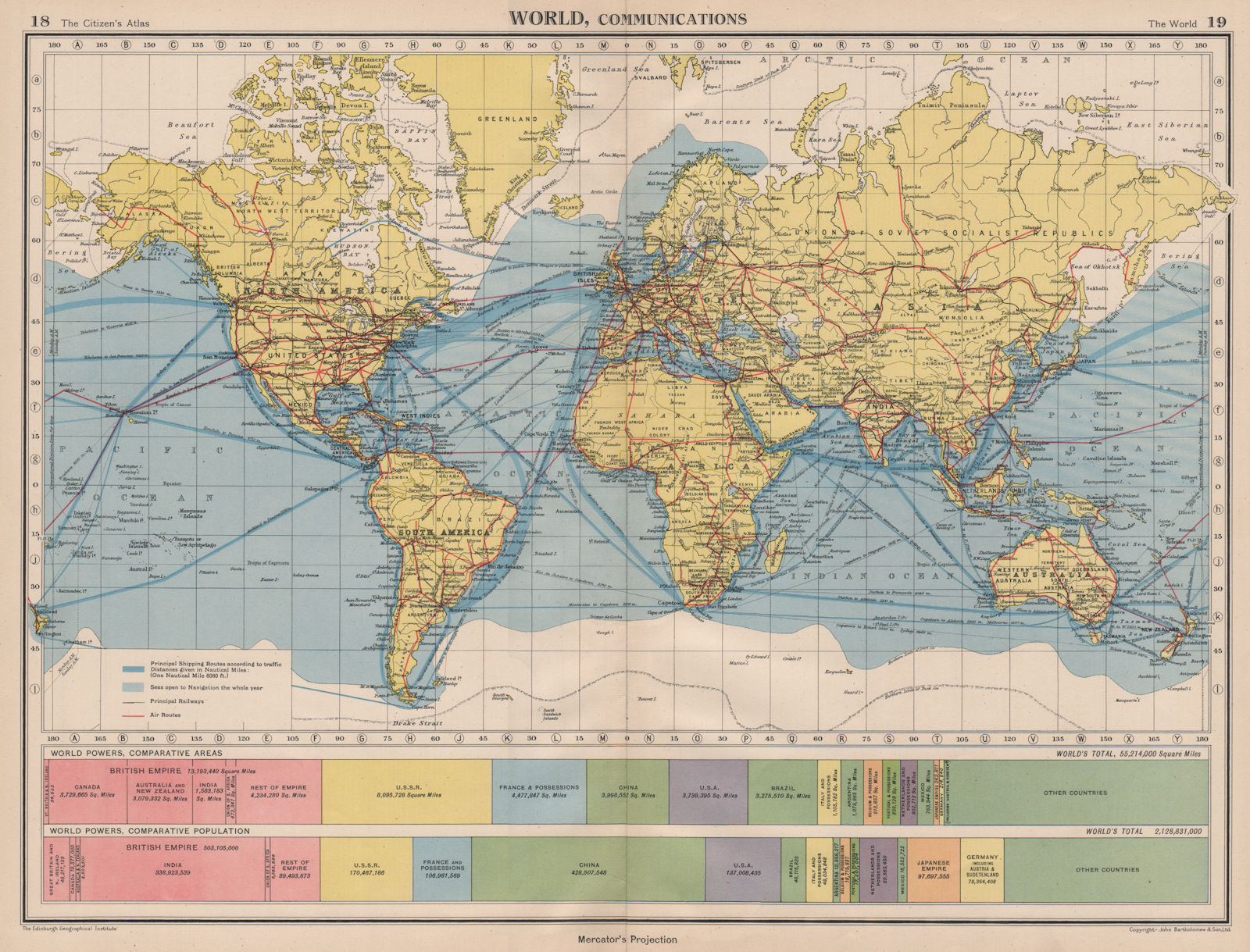 WORLD COMMUNICATIONS. air/shipping routes railways. BARTHOLOMEW 1944 old map
