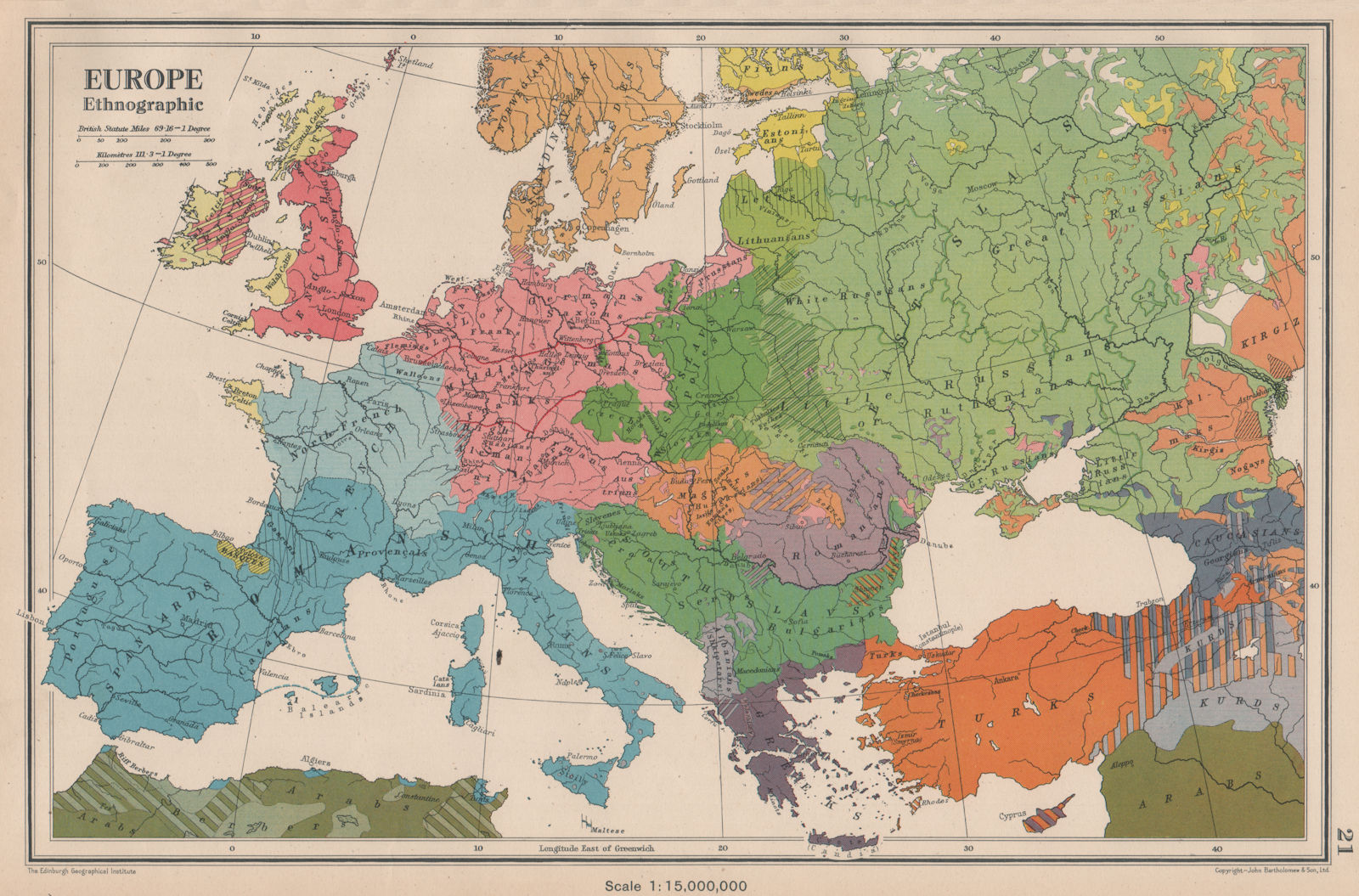 EUROPE. Ethnographic. Racial. BARTHOLOMEW 1944 old vintage map plan chart