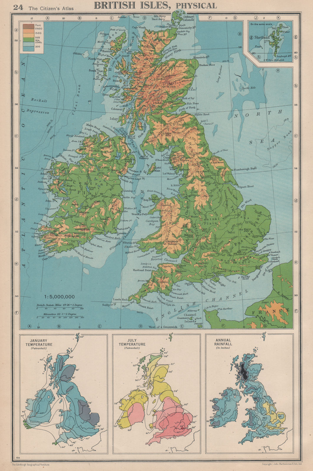 BRITISH ISLES PHYSICAL & CLIMATE. January July temperature. Rainfall 1944 map