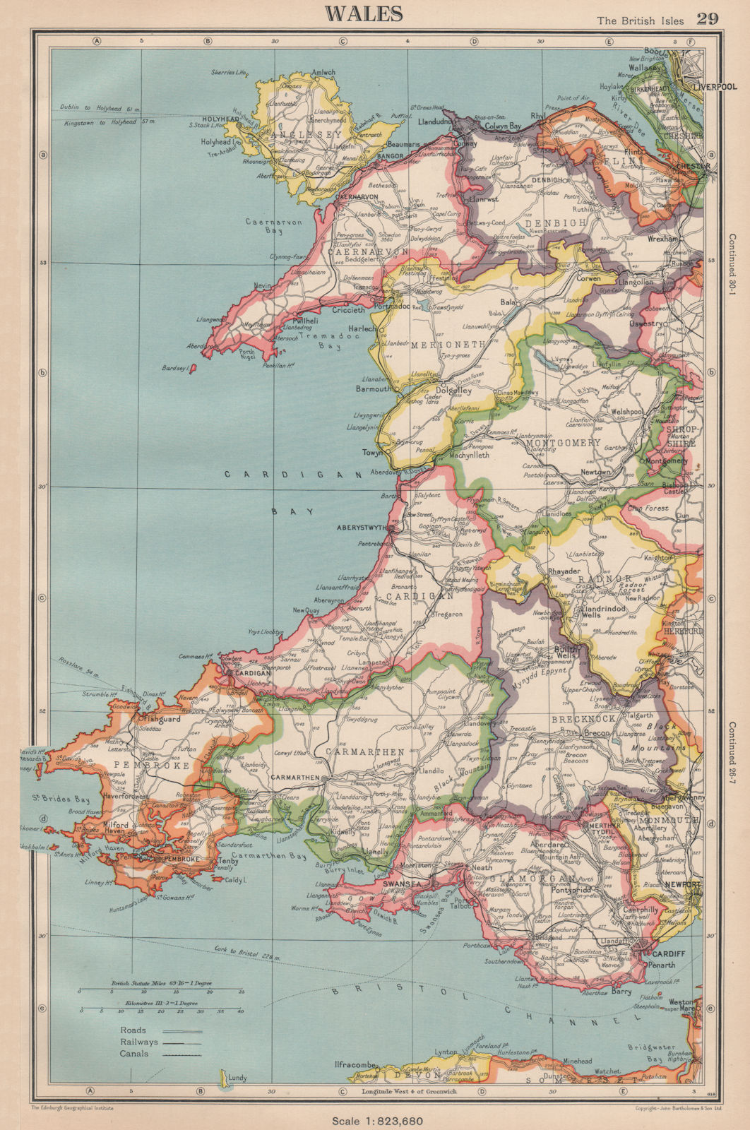 WALES showing counties. BARTHOLOMEW 1944 old vintage map plan chart