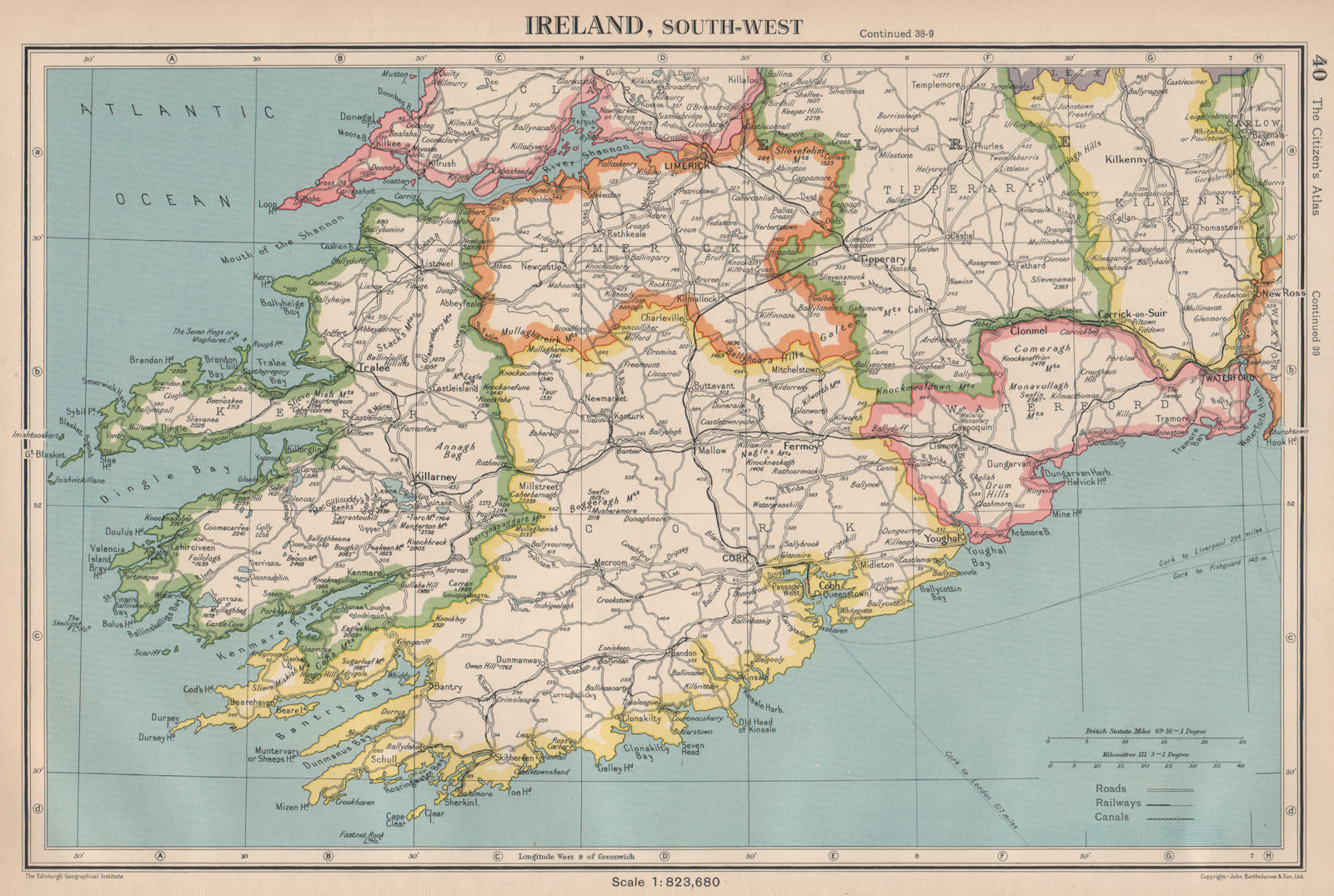Associate Product IRELAND SOUTH-WEST. Munster. Kerry Cork Limerick Tipperary Waterford 1944 map