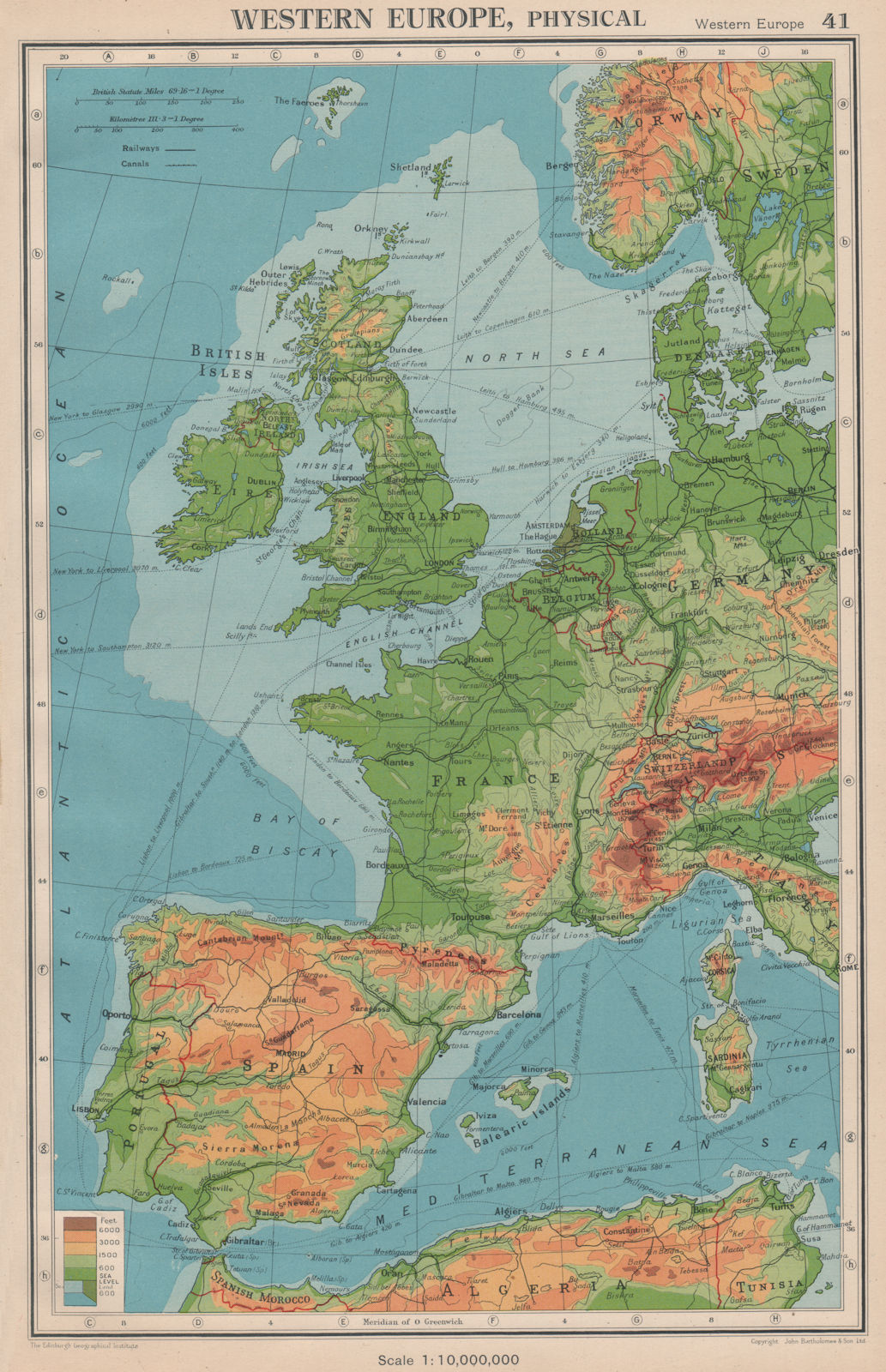 WESTERN EUROPE. Physical & main railways. BARTHOLOMEW 1944 old vintage map